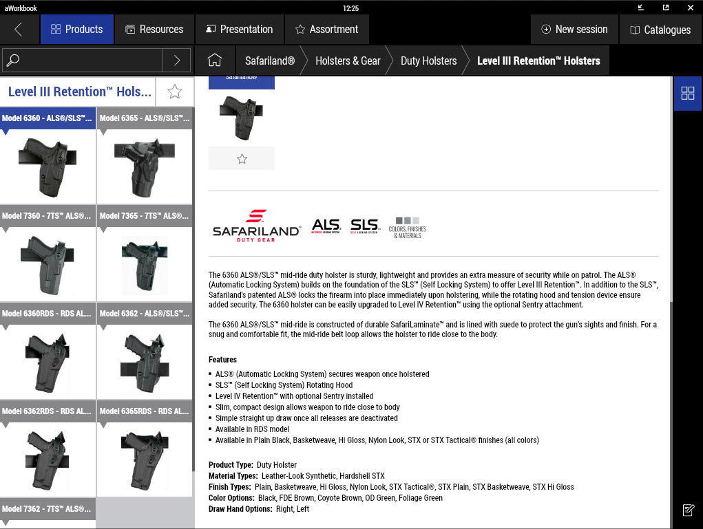 Safariland® E-Catalog product information screenshot