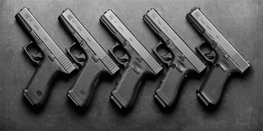 5 Generations of Glock 17 pistols