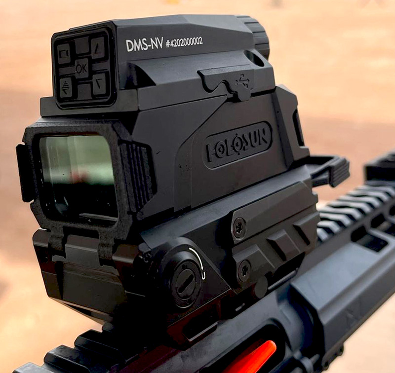 The Holosun Digital Rifle Scope is Night Vision capable. It is designed to be mounted to a rail-mounted long gun. 