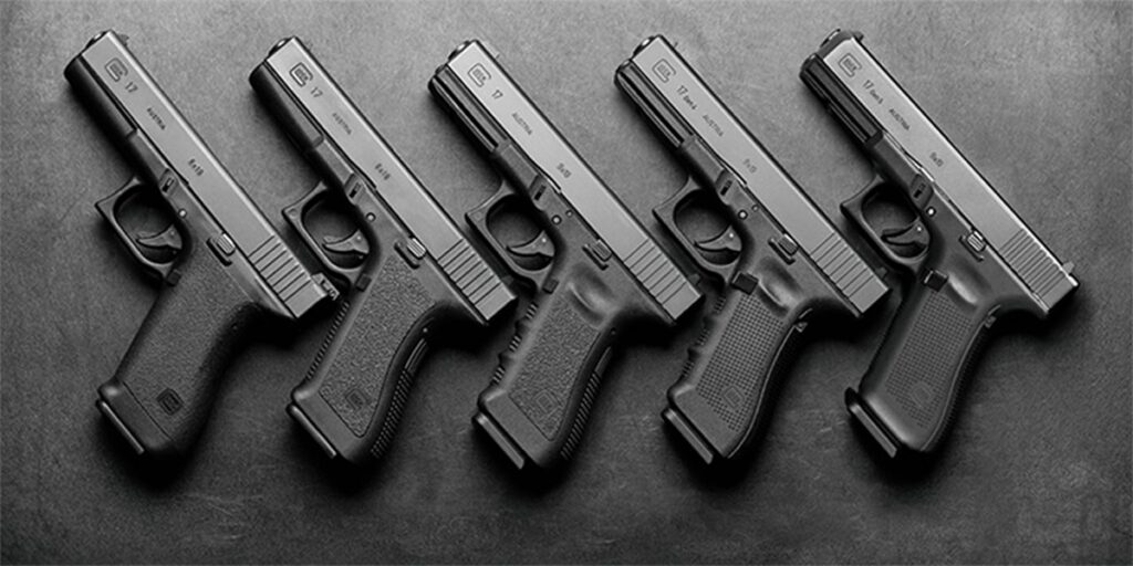 5 Generations of the Glock 17 pistol