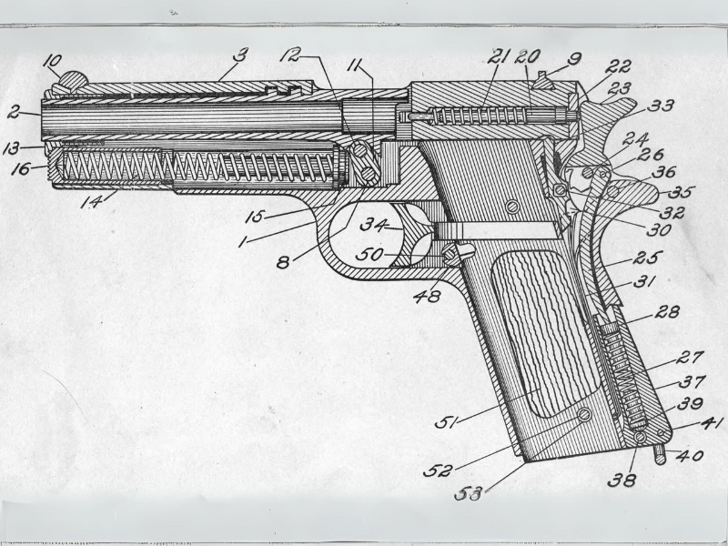 Cross-section diagram, with labeled parts, of original Model 1911 pistol, from official Army description as published in 1917. (Photo Credit: U.S. Army Ordnance Department)