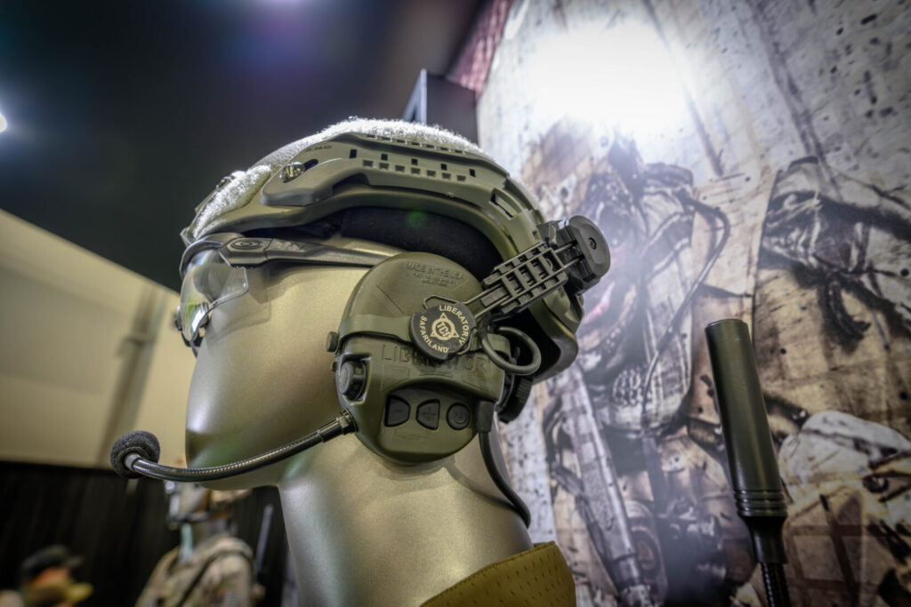 Safariland Liberators mounted to a helmet at SHOT Show 2024 booth