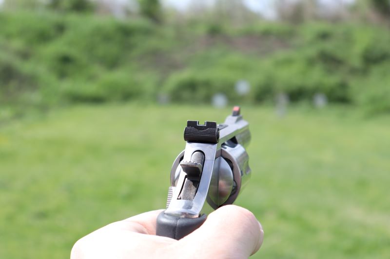 Smith & Wesson 686+ 2.5 inch revolver, posterior view focused on rear sight.