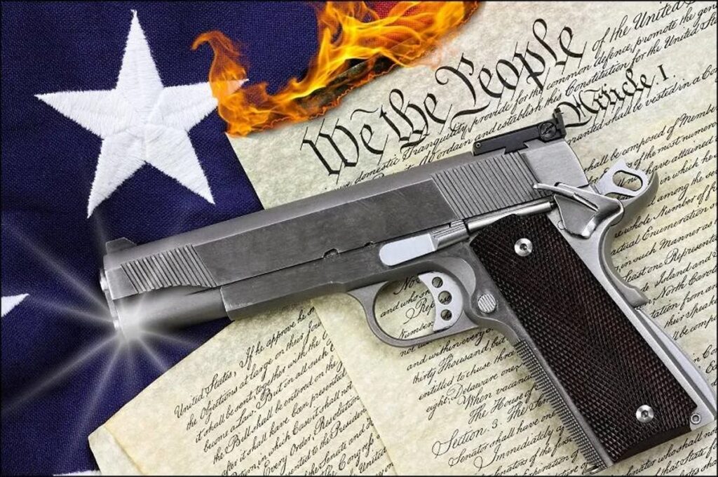 Pistol on the burning Constitution and American flag