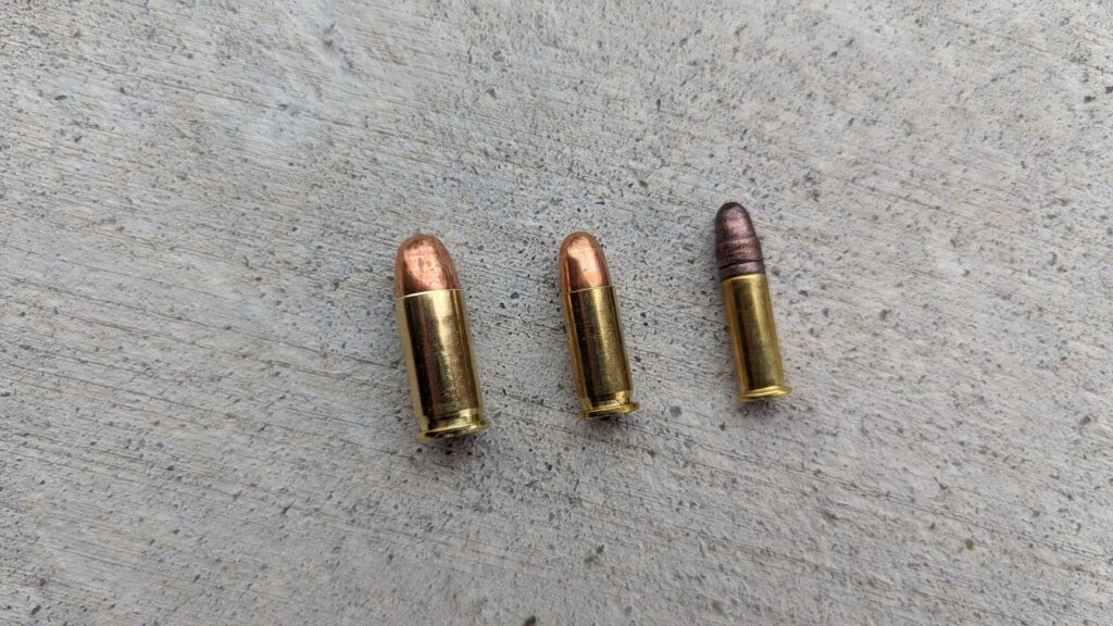 32 acp, 25 acp, and .22 LR cartridges side by side for comparison
