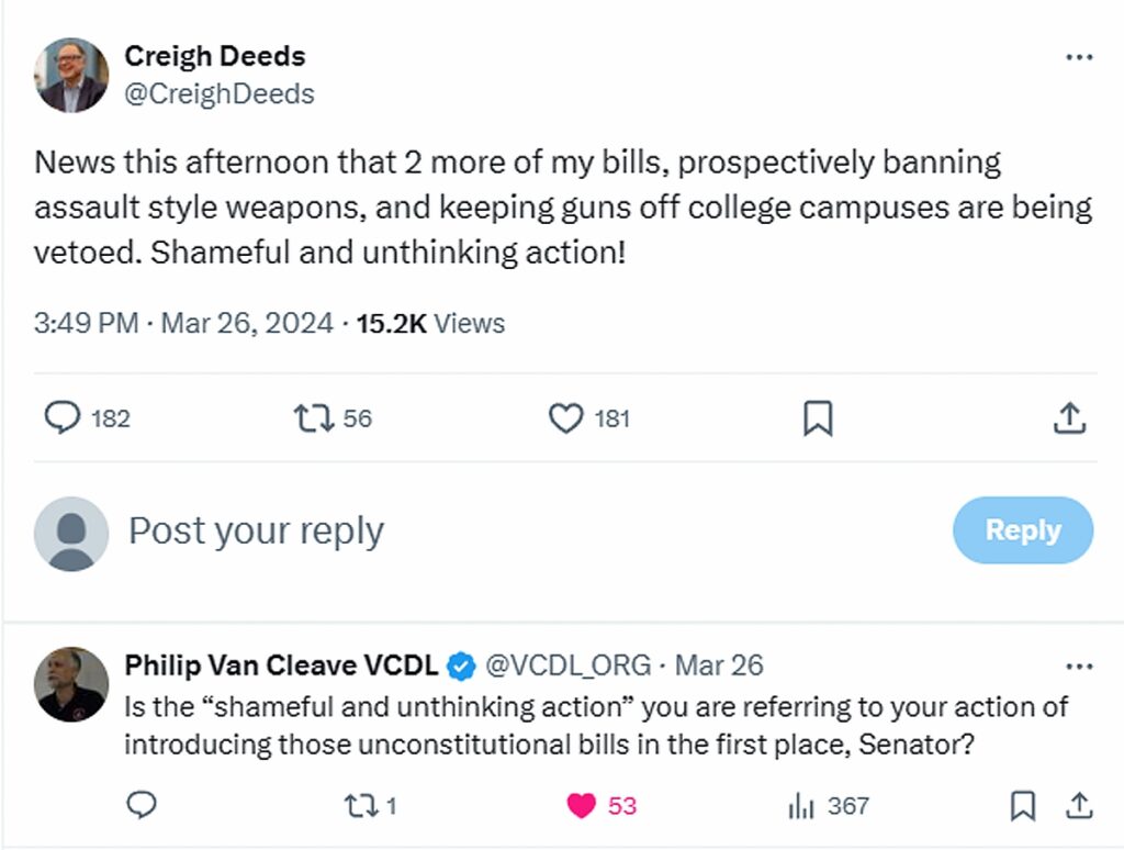 Anti-2A Creigh Deeds and Philip Van Cleave tweets