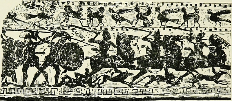 The battle between Cimmerian cavalry, their war dogs, and Greek hoplites, depicted on a Pontic plate from the 1903 book "History of Egypt, Chaldea, Syria, Babylonia and Assyria."