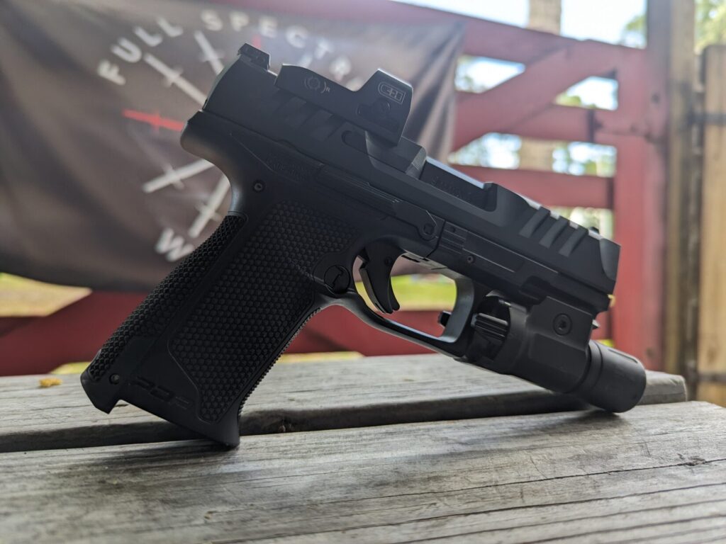 Walther PDP with C&H Precision Direct Mount red dot at Full Spectrum Warrior facility