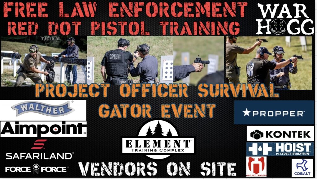 This is a flyer for the project officer survival event depicting law enforcement officers in different parts of the training and logos of our different vendors