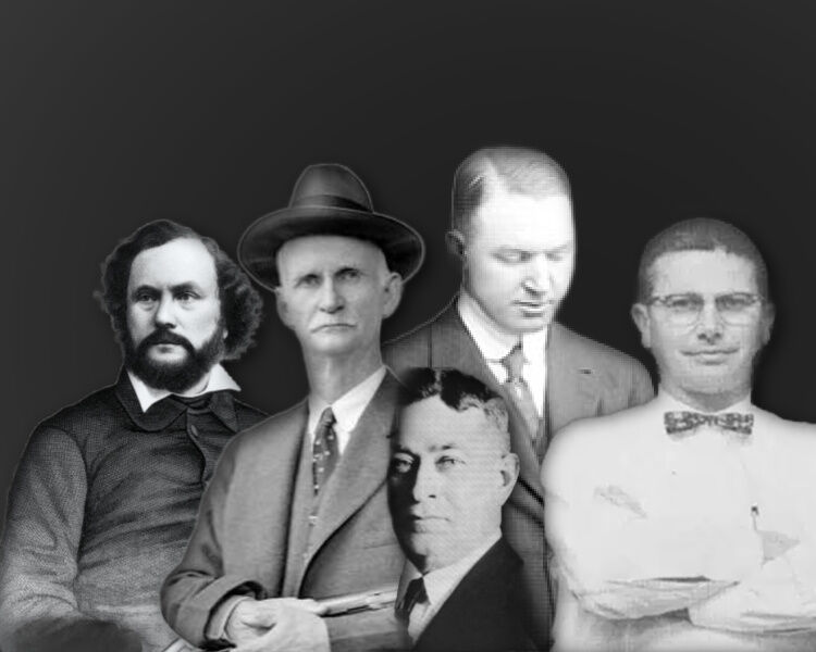 Sam Colt, John Moses Browning, John Pederson, T.C. Johnson, and Eugene Stoner - fathers of modern american firearms