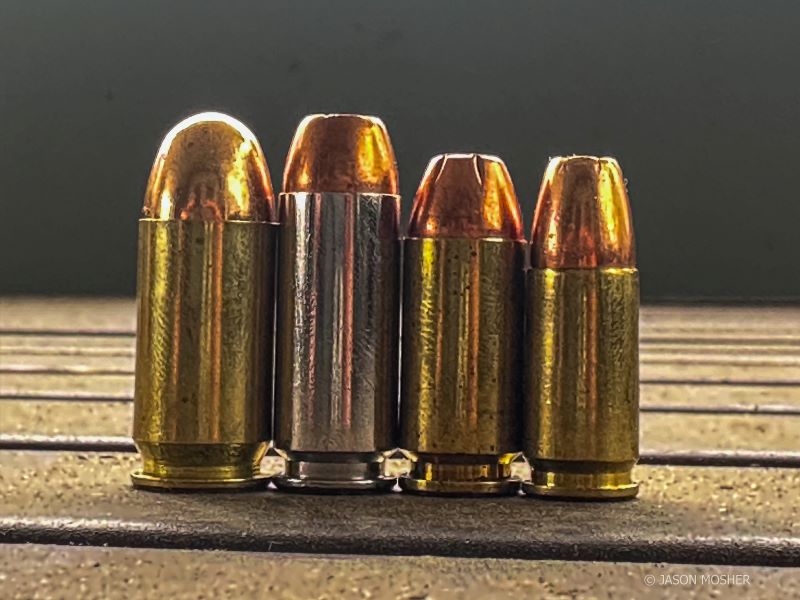 left to right: .45 ACP, 10mm, .40 S&W, and 9mm