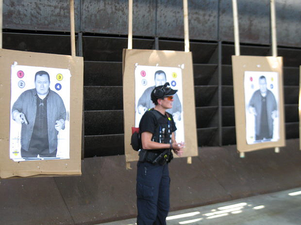 Lou Ann Hamblin explaining a course of fire; it is just one of several pistol drills for accuracy espoused by Active Response Training. 