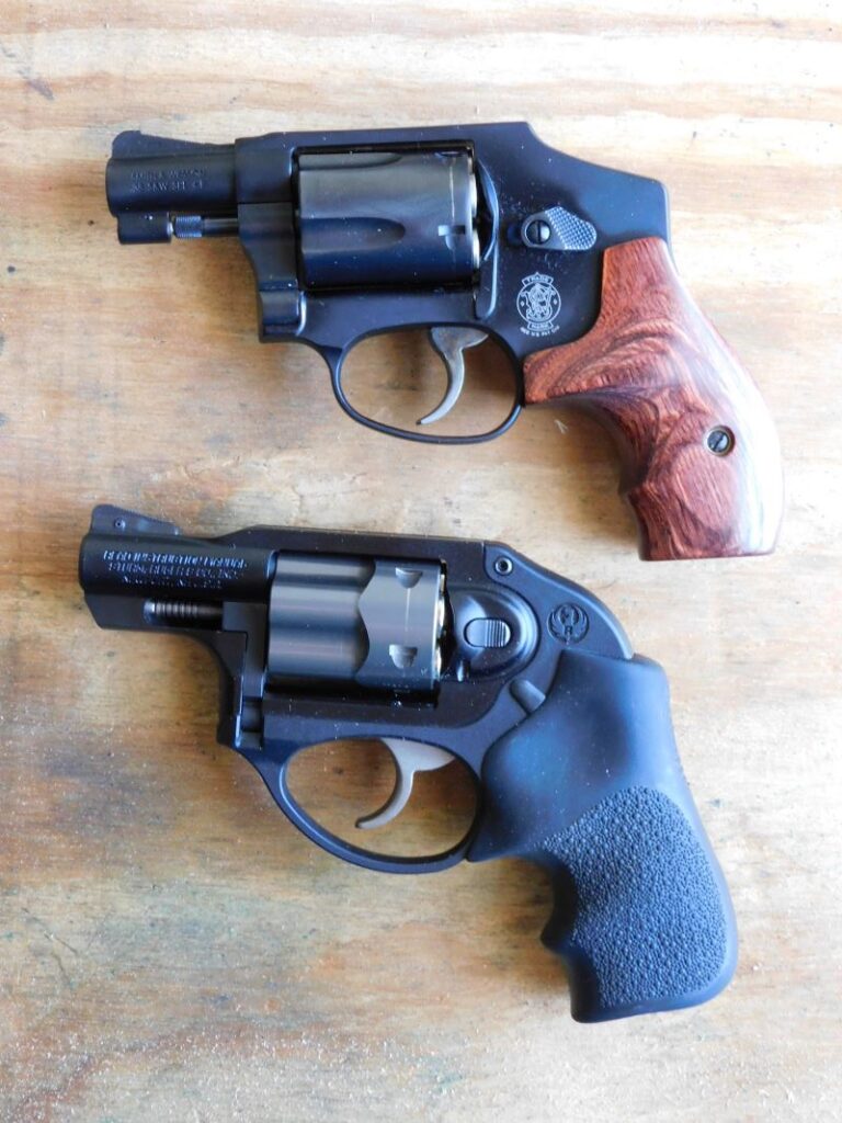 A contemporary S&W Hammerless J-frame [top] and the polymer-framed Ruger LCR [bottom].