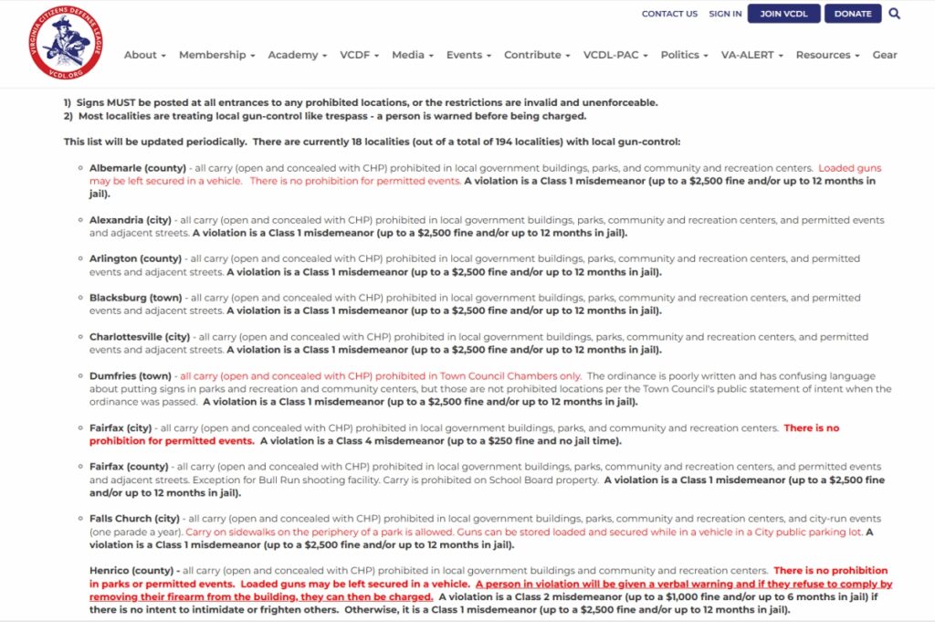 VCDL partial list of local Virginia gun ordinances