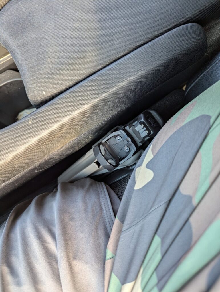 Owb holster, worn strongside in car