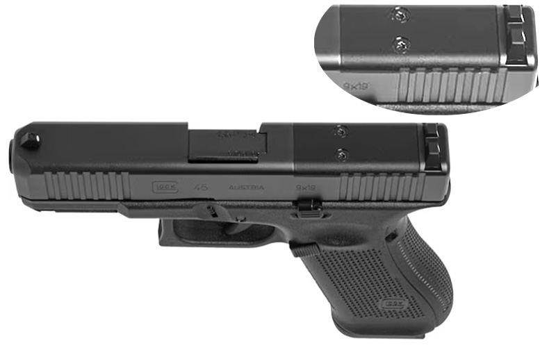 Top-down look of the Glock 45 showing MOS-specific features. 
