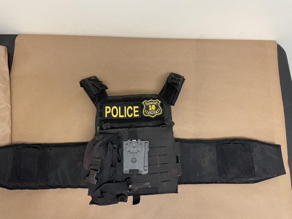 View of Sgt Valle's Safariland bulletproof vest after his incident