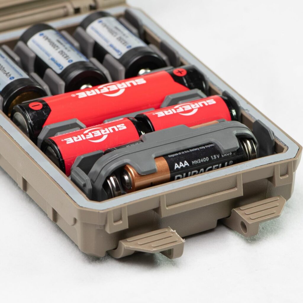The CellVault-5M Modular Battery Storage is customizable protection for all the lithium-ion batteries you need in the field. It can accommodate CR123, 18650, 18350, AAA, 1632, CR2032, and AA batteries in 8 modular inserts, plus wells for CR2032s.