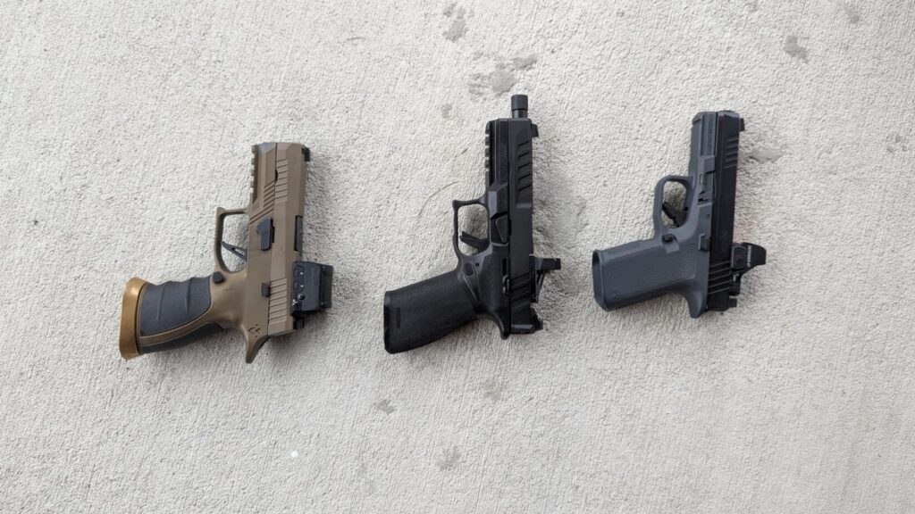 Three modular handguns: Ruger RXM, Sig P320, and Springfield Echelon