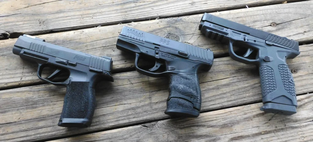 Sig Sauer P365XL, Walther PPS M2, and Avidity Arms PD10 pistols