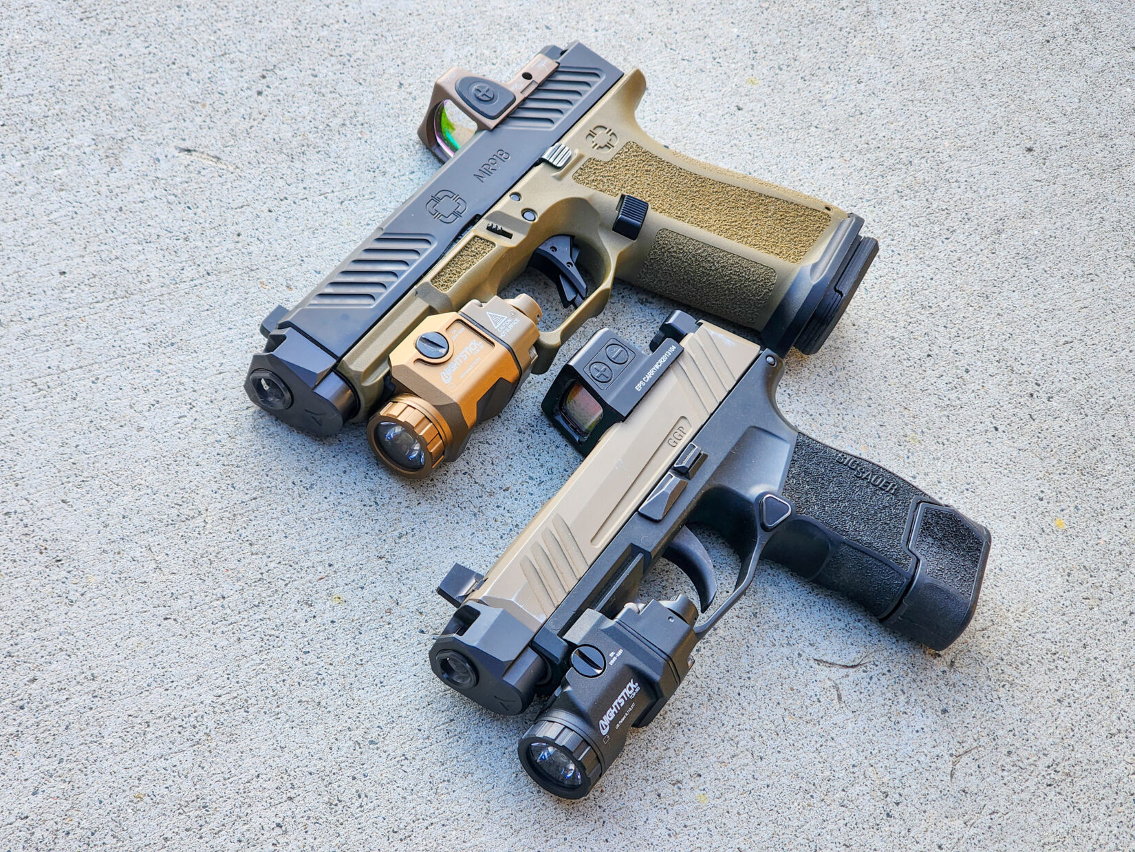 The Shadow Systems MR918 and Sig P365, both fitted with the Radian Afterburner + Ramjet