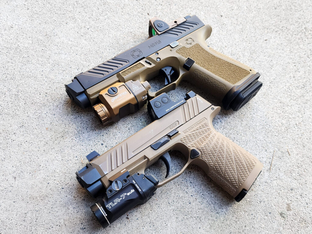 The Radian Afterburner + Ramjet compensator system mounted on two different pistols
