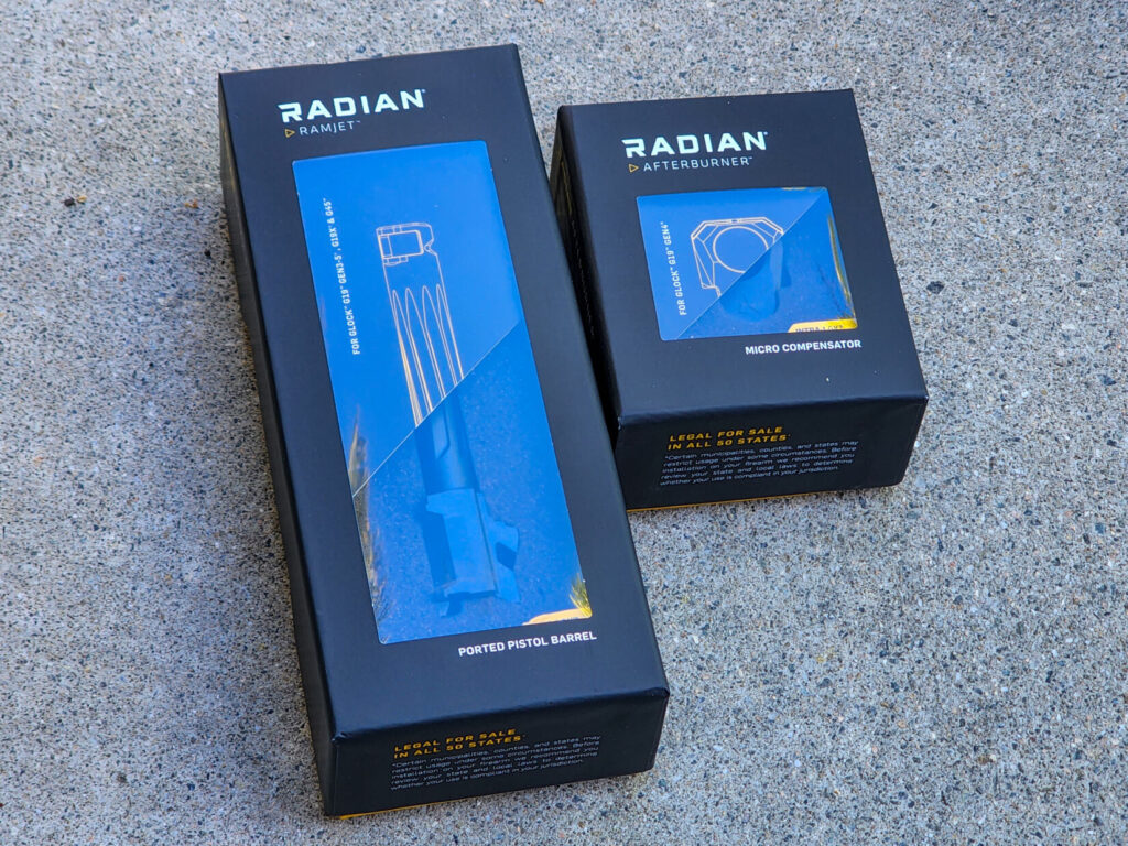 The Radian Afterburner + Ramjet packaging, with each component in its own separate box