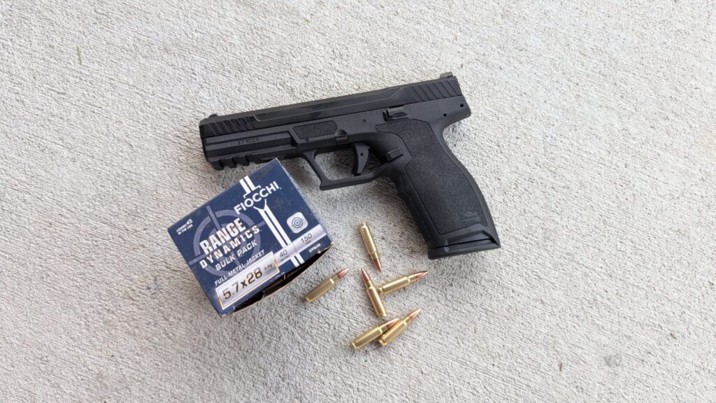 Fiocchi Range Dynamics 5.7 x 28mm ammo with handgun