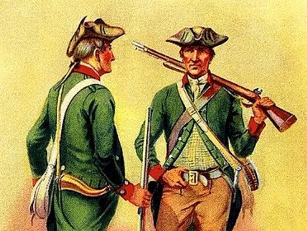 Green Mountain Rangers, 1776. A Green Mountain Boys regiment was authorized by the Continental Congress on July 4, 1775, and became part of the Northern Army. Painting by Charles M. Lefferts (1873-1923). Vermont Historical Society. Cropped. (Photo: Public Domain)