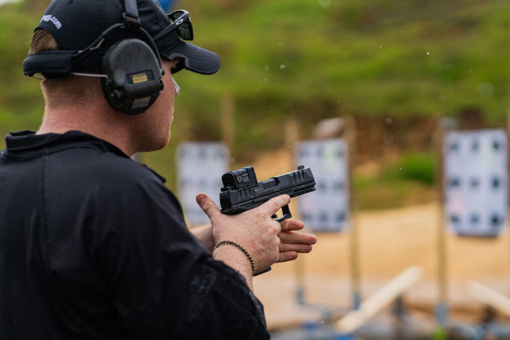 After drawing from the holster your support hand meets up with the pistol to build your grip