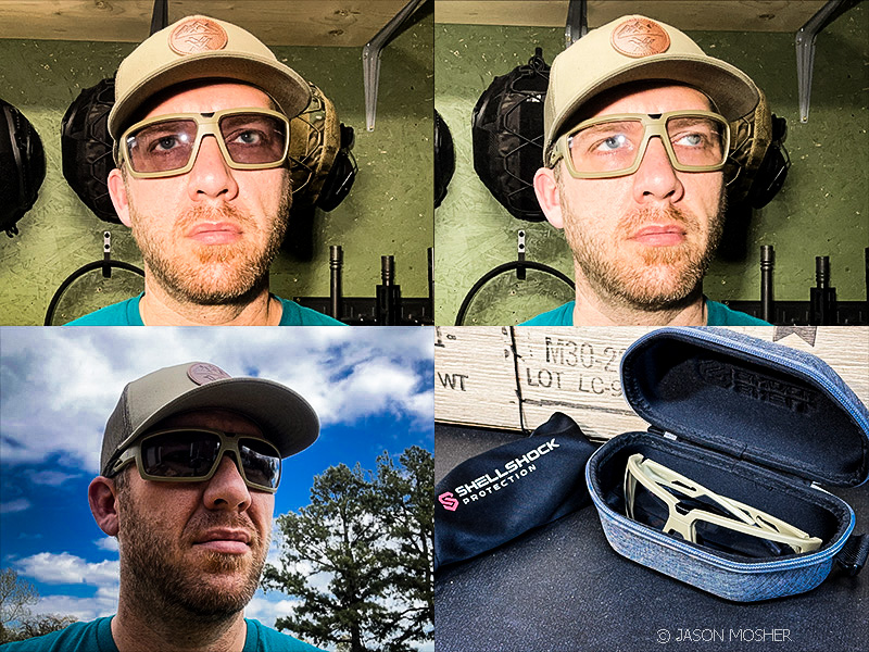 ShellShock Eclipse Glasses, three stages of transitioning from bright outside with dark lenses to dim inside with clear lenses. Fourth image is of the glasses in their case.