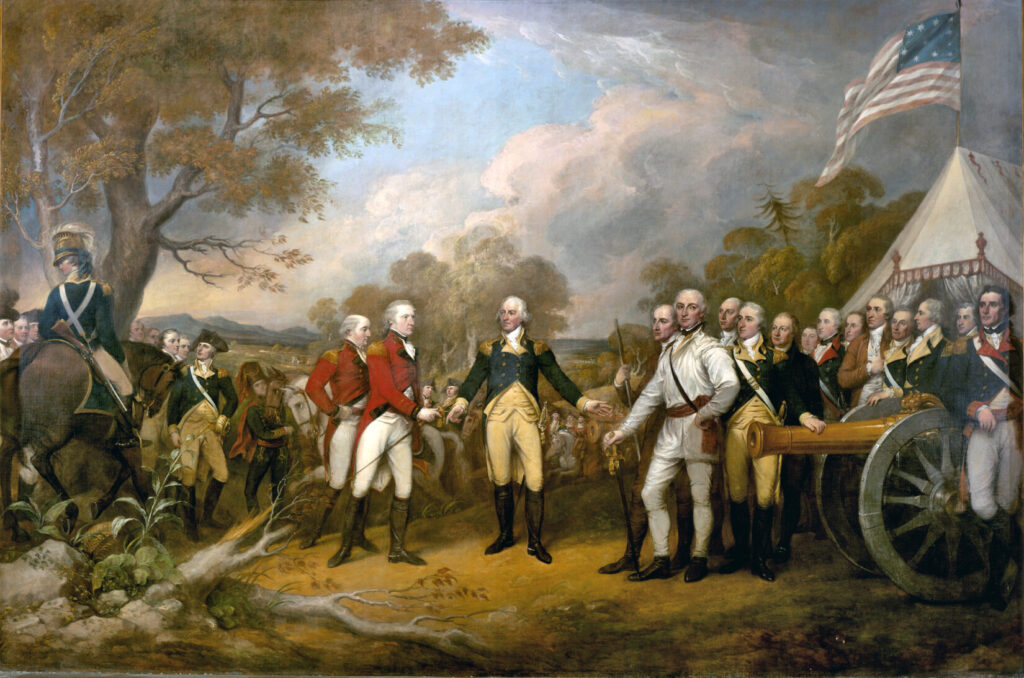 The Surrender of General Burgoyne (1822), painting by John Trumbull. Depicts the surrender of the British General John Burgoyne at Saratoga. Colonel William Prescott stands right of center wearing all brown, just behind Captain Morgan in white. (Photo: Public Domain)