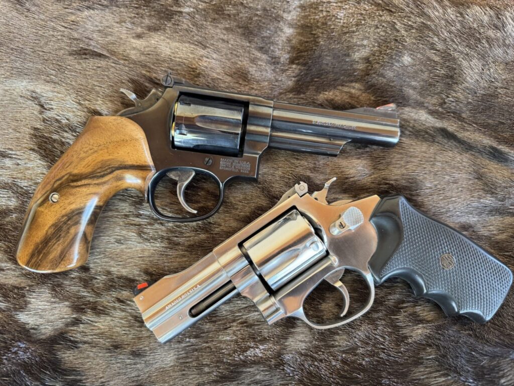 S&W Model 19 with Zane Thompson custom stocks (top) and a Rossi Model 720 in .44 SPecial (bottom)