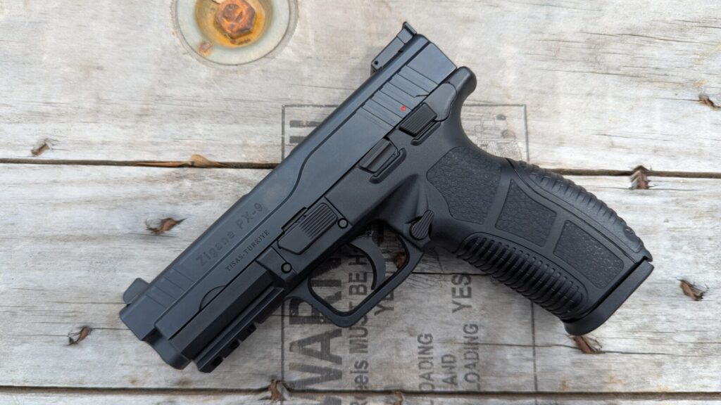 Cheapest handgun Zigana PX-9 on wooden crate