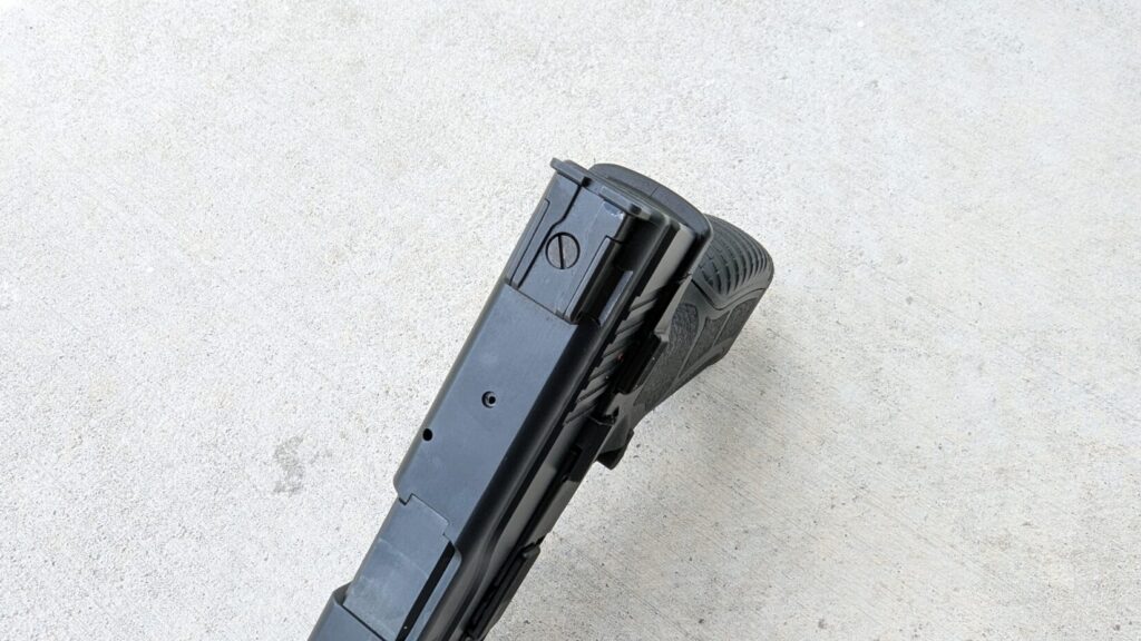 superior (top) view of adjustable rear sight on slide of a semi-automatic handgun