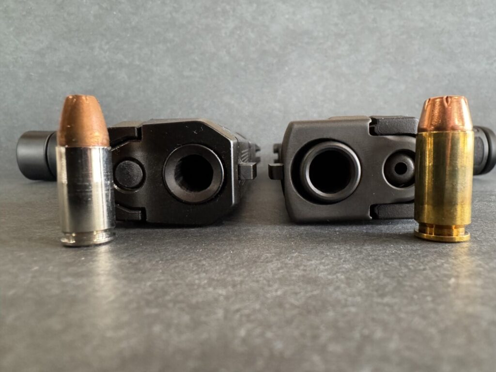 The 9mm (left) has dethroned the .40 S&W (right) as the premier handgun round for law enforcement