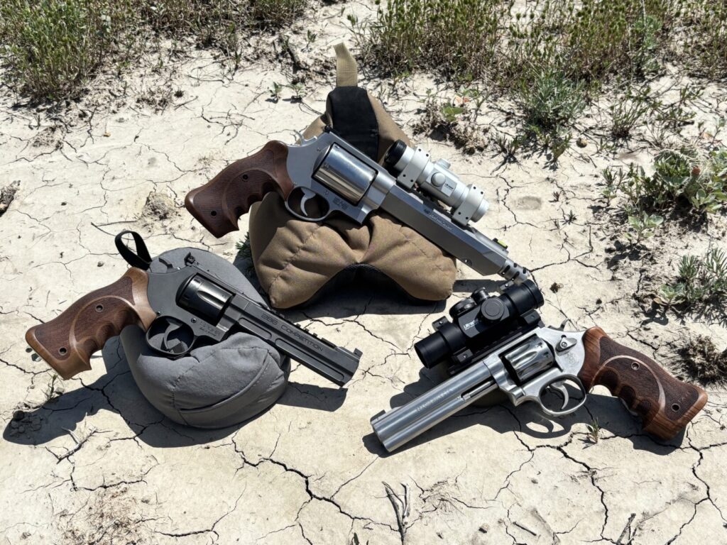 Hunting revolvers. S&W 460, S&W 617, and a Spohr 286 Comp.