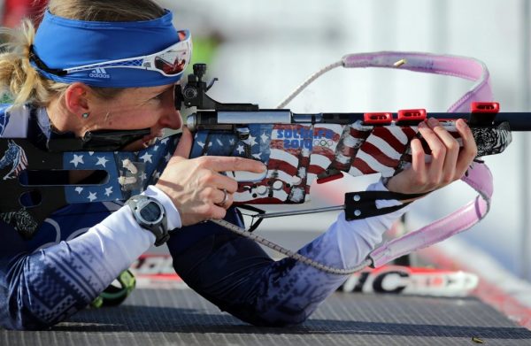 Lanny Barnes at the shooting range during a training session, Khanty Mansiysk, Russia, 03 February 2014. The Olympic Winter Games 2014. (Credit: Kay Nietfeld)