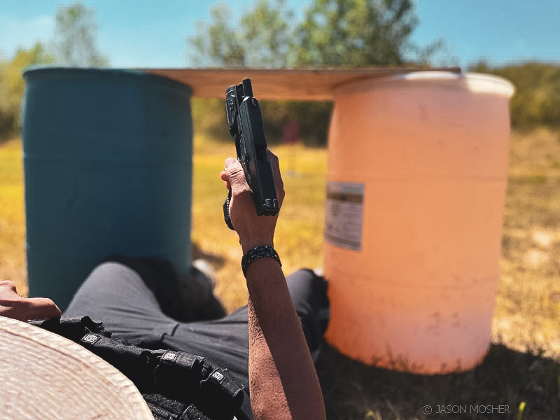 Shooting while on the ground. 