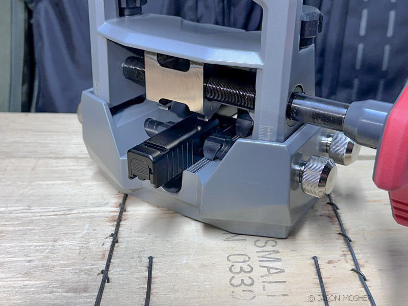 Real Avid Master Sight Pusher, sight removed from Glock slide, ready to accept installment of new sight