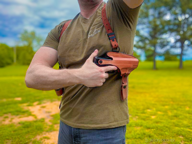 mad drawing handgun from Bianchi Agent X shoulder holster