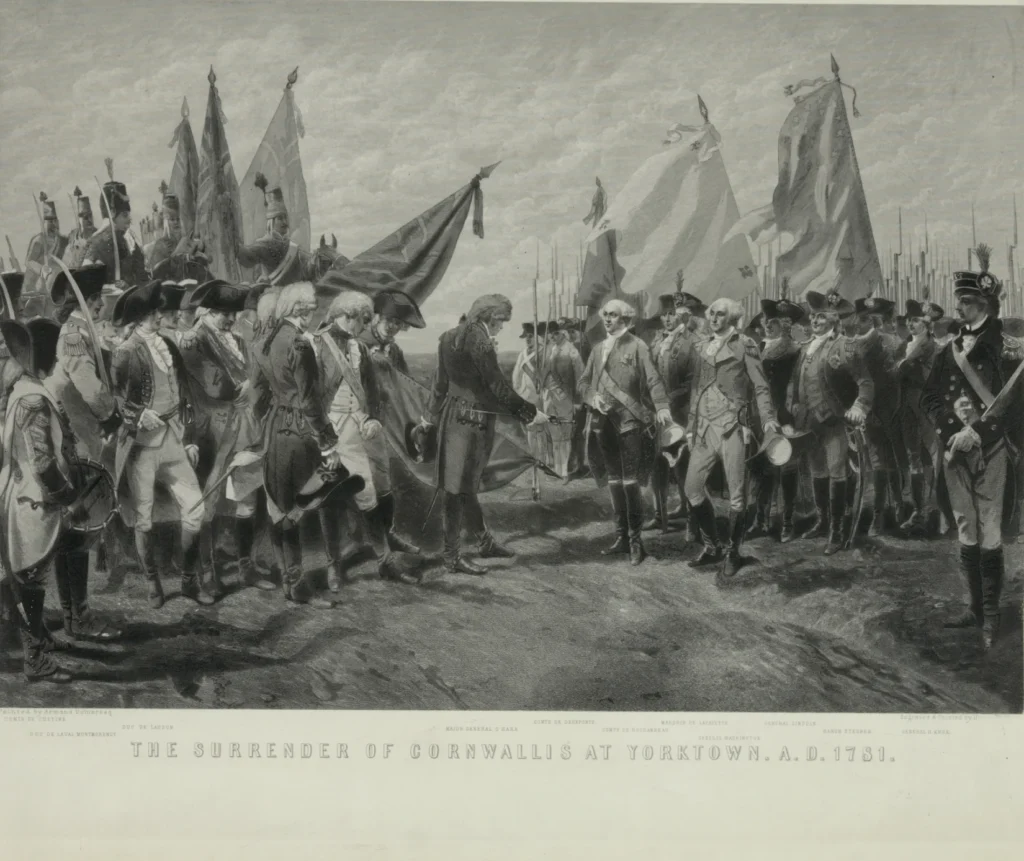 Cornwallis surrendering to George Washington
