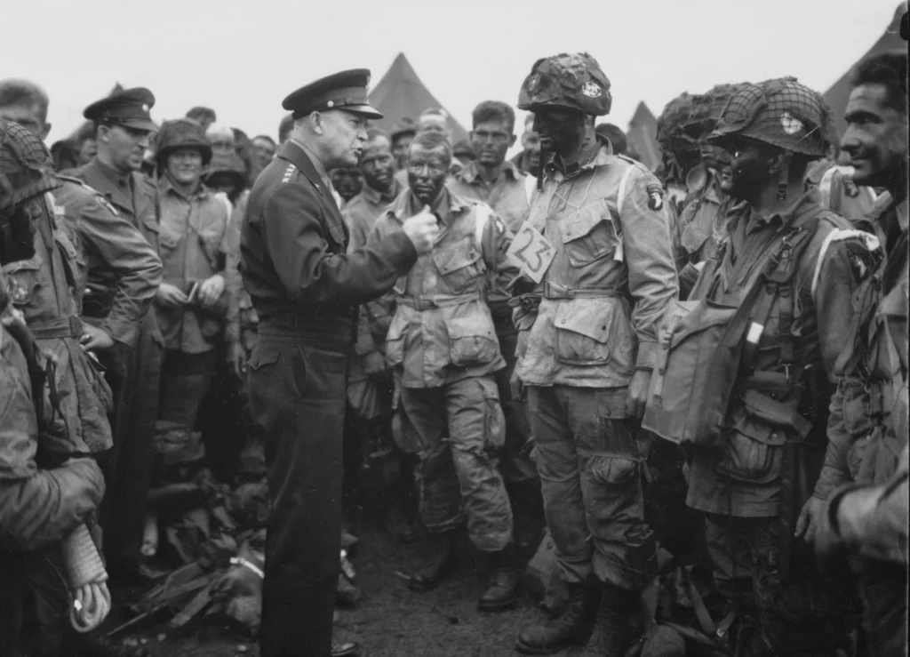 US Army General Dwight D. Eisenhower visiting 101st Airborne troopers