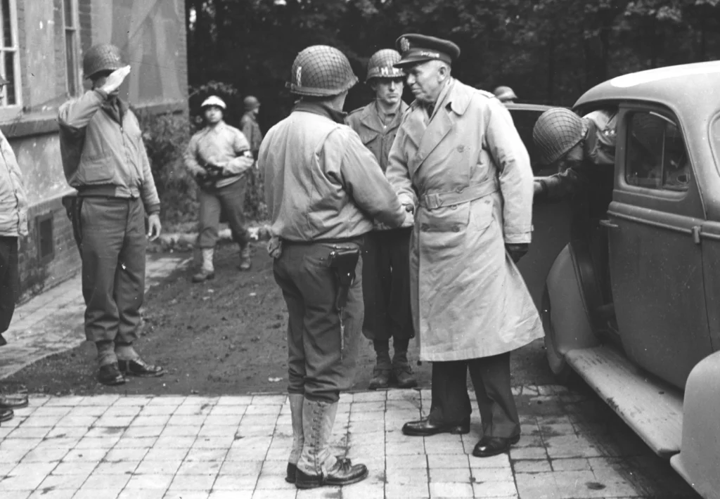 US Army General George C. Marshall visiting troops in Belgium
