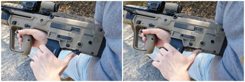 two photos showing the function of the IWI Tavor X95 bolt release by pressing with a thumb