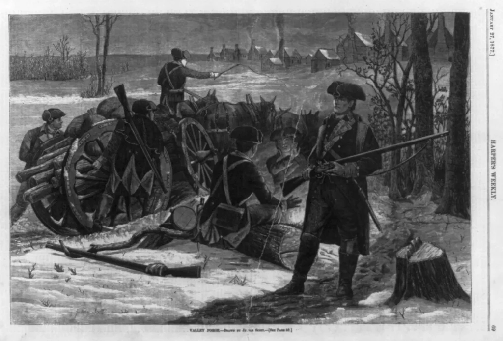 Continental Army soldiers hauling wood