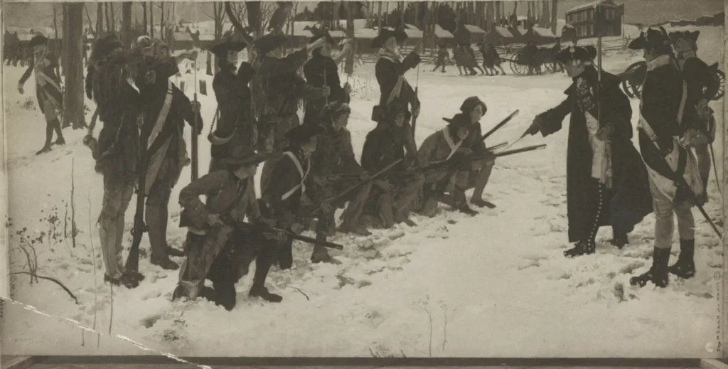 Baron von Steuben training Continental Army soldiers at Valley Forge