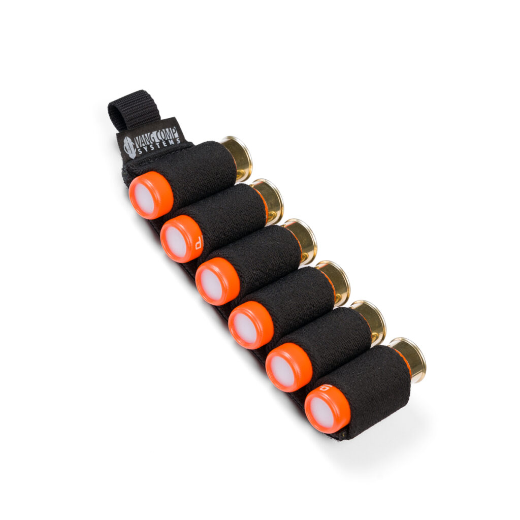 A spare ammunition carrier that uses elastic loops to hold shotgun shells.