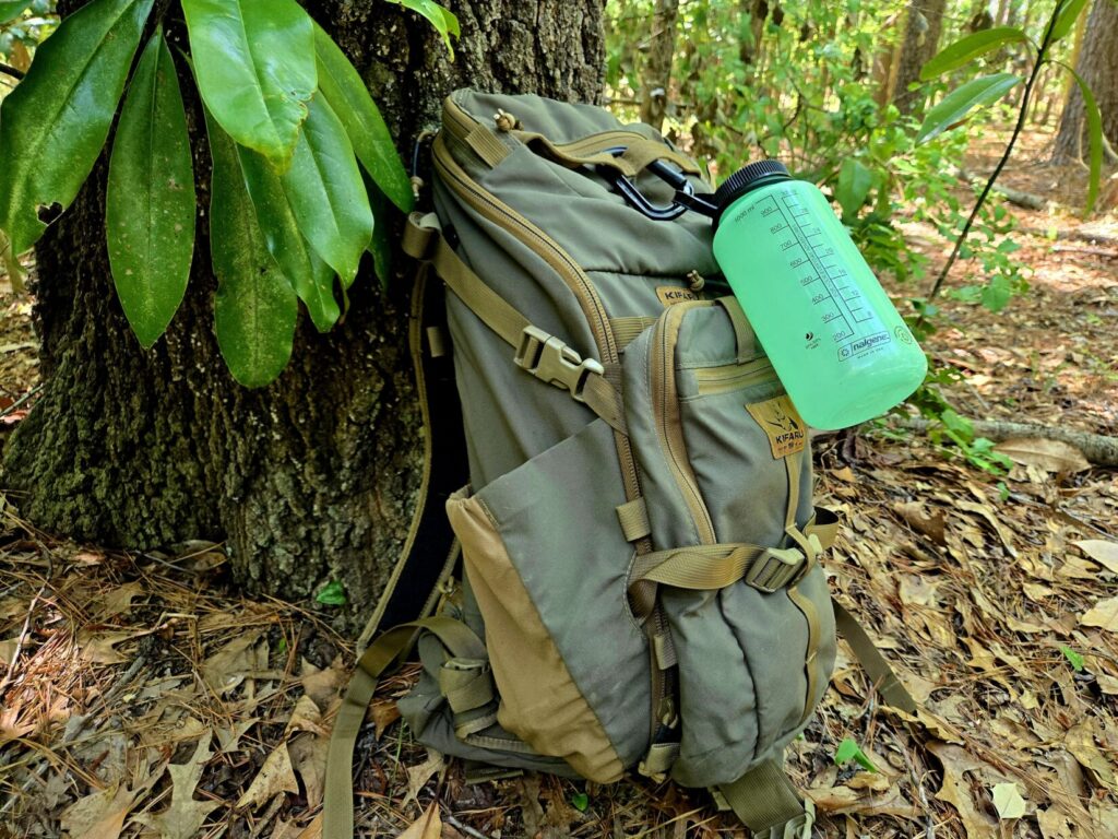 Kifaru Shapecharge backpack with Nalgene water bottle.