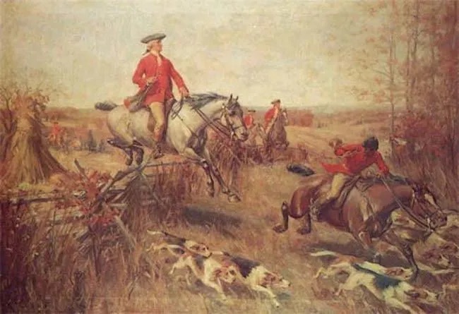 oil painting of George Washington and his American Foxhounds on a hunt